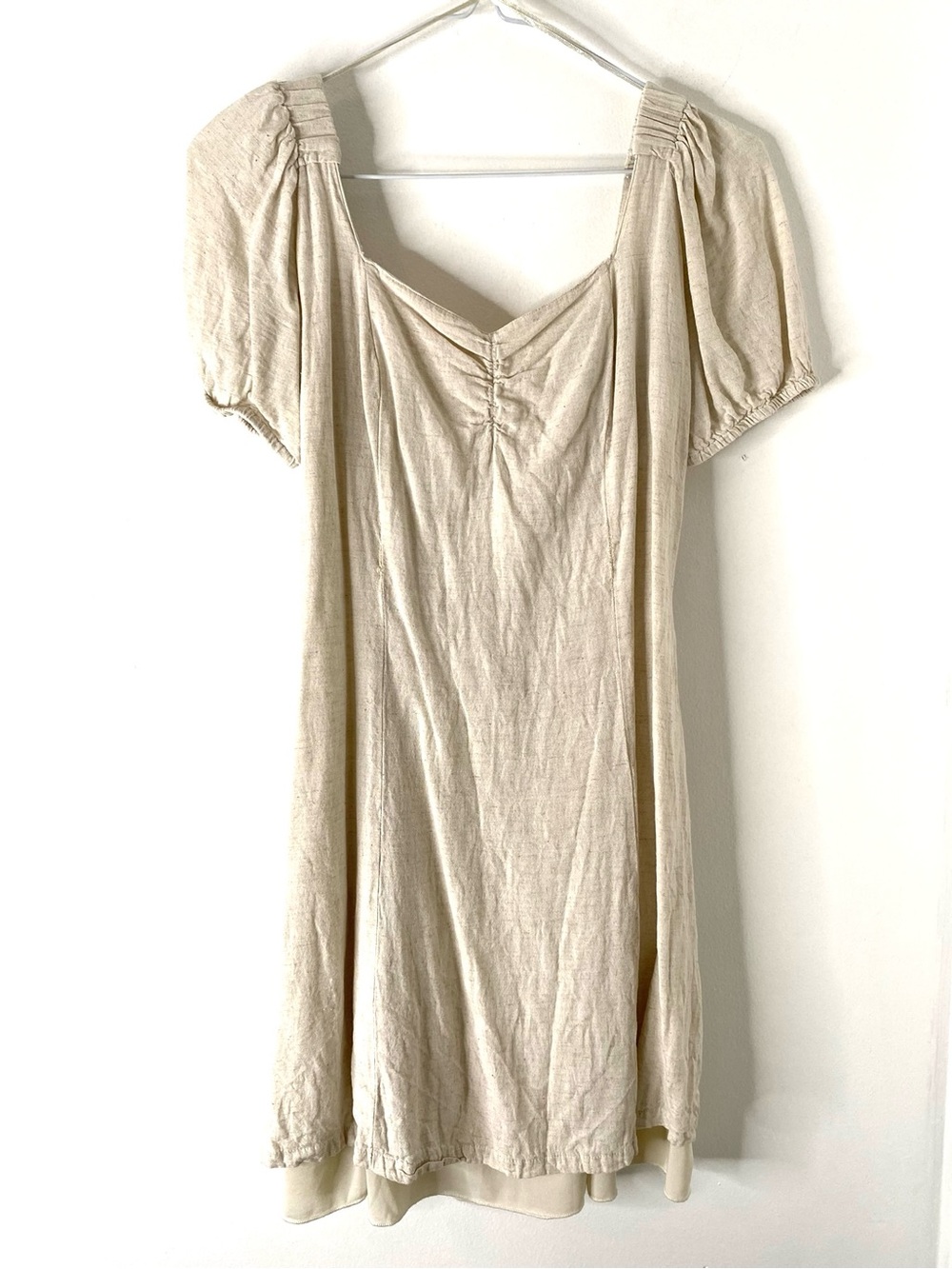 Beige Linen Blend Mini Dress Open Tie Back V Neck Ruched Boho Cottagecore Dress